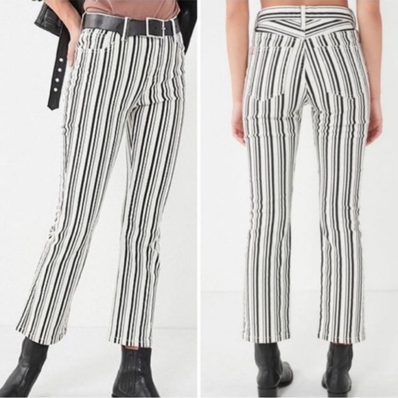 Urban Outfitters BDG Black and White Striped Kick Flare High Rise Cropped Jeans - Picture 1 of 4